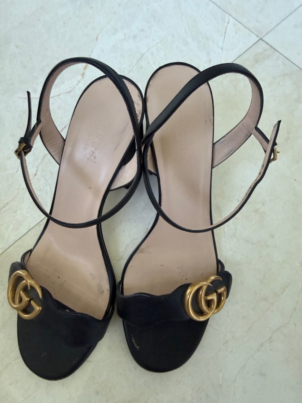 Gucci Black Leather Open-Toe Slingback Sandals with Gold Double G